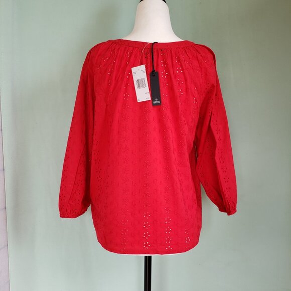 BUFFALO Red eyelet flowers 3/4 sleeve tie-front cotton blouse - Picture 4 of 6